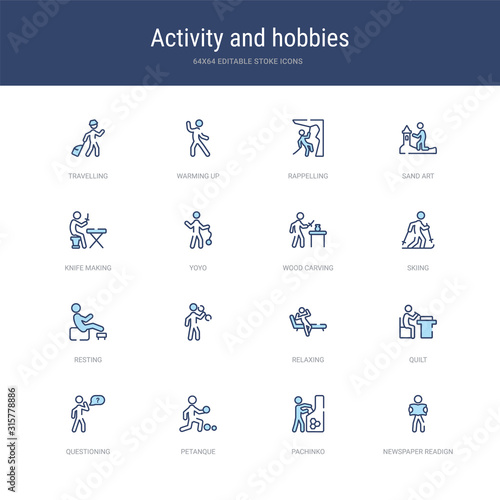 set of 16 vector stroke icons such as newspaper readign, pachinko, petanque, questioning, quilt, relaxing from activity and hobbies concept. can be used for web, logo, ui\u002fux