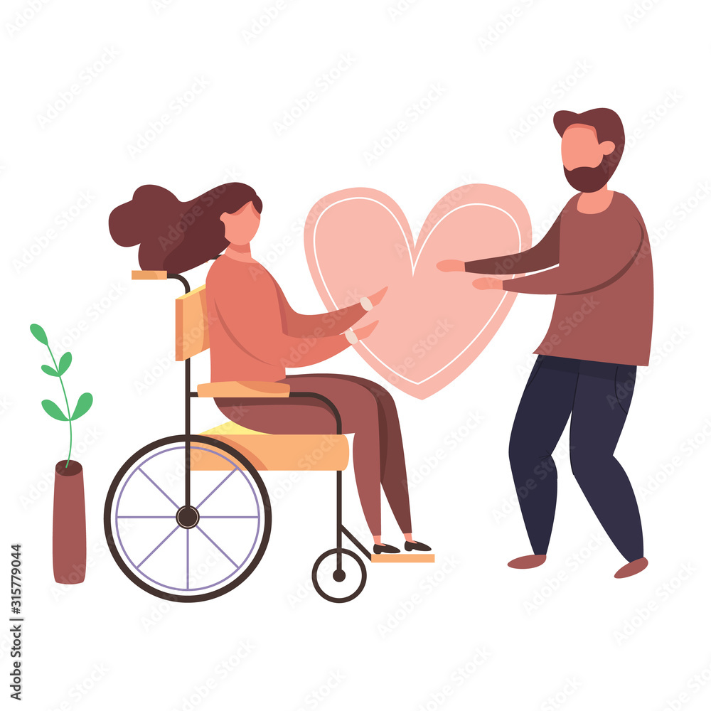 Concept of romantic relationships and marriage with handicapped woman. Vector illustration of love. Family with disabled woman. Human relations vector illustration. Woman in wheelchair
