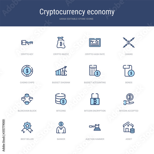 set of 16 vector stroke icons such as asset, auction hammer, banker, best seller, bitcoin accepted, bitcoin encryption from cryptocurrency economy concept. can be used for web, logo, ui\u002fux