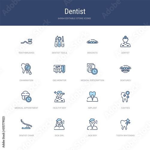 set of 16 vector stroke icons such as tooth whitening, sick boy, sick girl, dentist chair, cavities, implant from dentist concept. can be used for web, logo, ui\u002fux