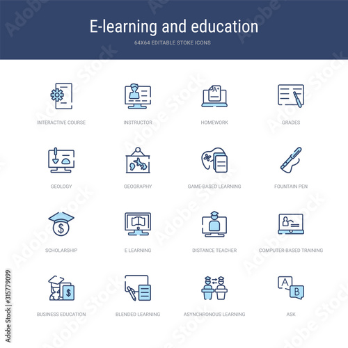 set of 16 vector stroke icons such as ask, asynchronous learning, blended learning, business education, computer-based training, distance teacher from e-learning and education concept. can be used