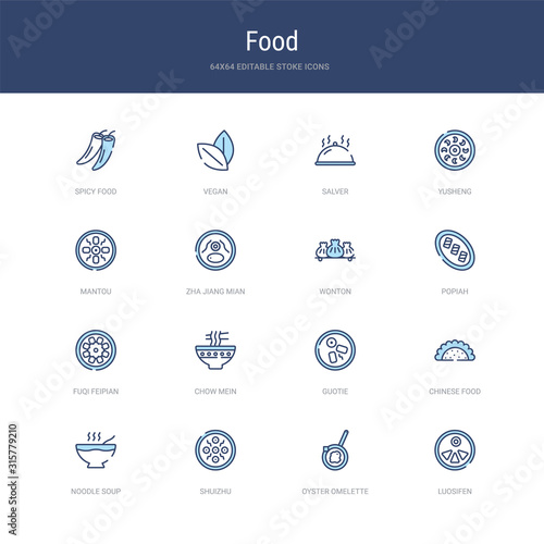 set of 16 vector stroke icons such as luosifen, oyster omelette, shuizhu, noodle soup, chinese food, guotie from food concept. can be used for web, logo, ui\u002fux