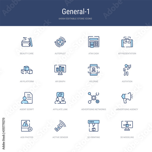 set of 16 vector stroke icons such as 3d modeling, 3d printing, active sensor, add photos, advertising agency, advertising networks from general-1 concept. can be used for web, logo, ui\u002fux
