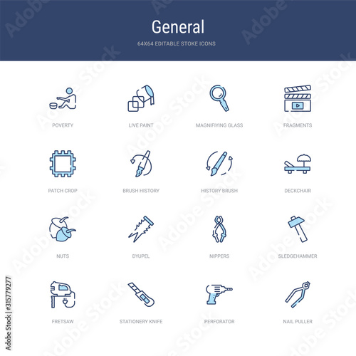 set of 16 vector stroke icons such as nail puller, perforator, stationery knife, fretsaw, sledgehammer, nippers from general concept. can be used for web, logo, ui\u002fux