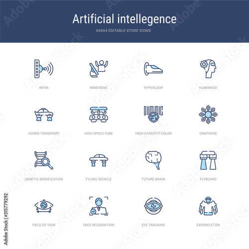 set of 16 vector stroke icons such as exoskeleton, eye tracking, face recognition, field of view, flyboard, future brain from artificial intellegence concept. can be used for web, logo, ui\u002fux