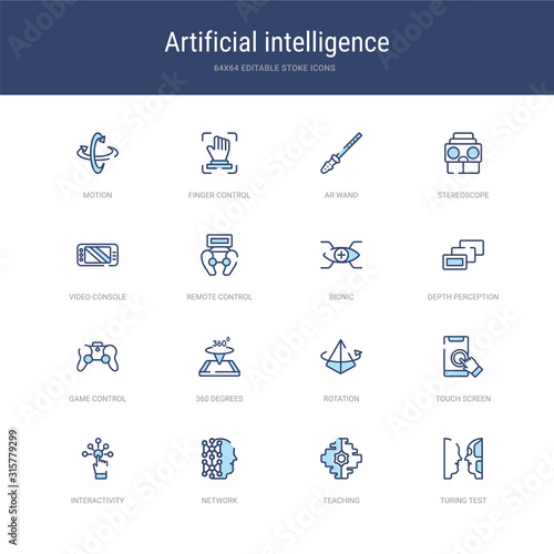 set of 16 vector stroke icons such as turing test, teaching, network, interactivity, touch screen, rotation from artificial intelligence concept. can be used for web, logo, ui\u002fux
