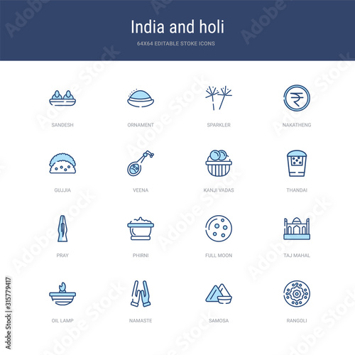 set of 16 vector stroke icons such as rangoli, samosa, namaste, oil lamp, taj mahal, full moon from india and holi concept. can be used for web, logo, ui\u002fux