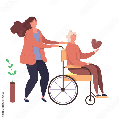 Modern vector illustration of help old disabled people. Characters volunteers with handicapped grandmother. Daughter walks with old disabled mother in the wheelchair.