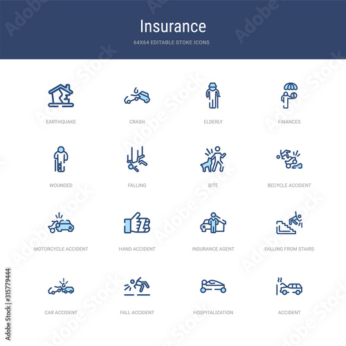 set of 16 vector stroke icons such as accident, hospitalization, fall accident, car accident, falling from stairs, insurance agent from insurance concept. can be used for web, logo, ui\u002fux