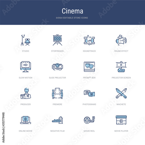 set of 16 vector stroke icons such as movie player, movie reel, negative film, online movie, machete, photograms from cinema concept. can be used for web, logo, ui\u002fux