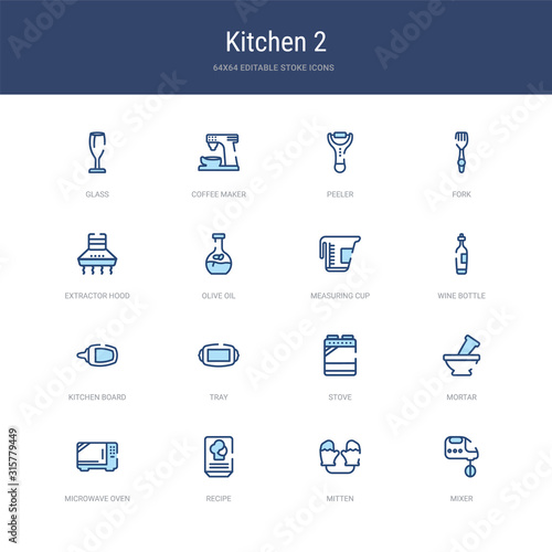 set of 16 vector stroke icons such as mixer, mitten, recipe, microwave oven, mortar, stove from kitchen 2 concept. can be used for web, logo, ui\u002fux
