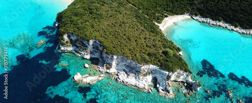 Aerial drone ultra wide photo of paradise sandy beaches in popular summer destination - island of Antipaxos with turquoise clear sea, Ionian, Greece
