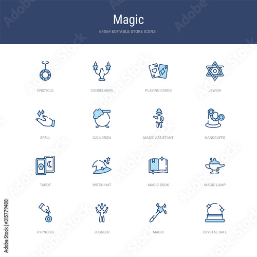 set of 16 vector stroke icons such as crystal ball, magic, juggler, hypnosis, magic lamp, magic book from concept. can be used for web, logo, ui\u002fux