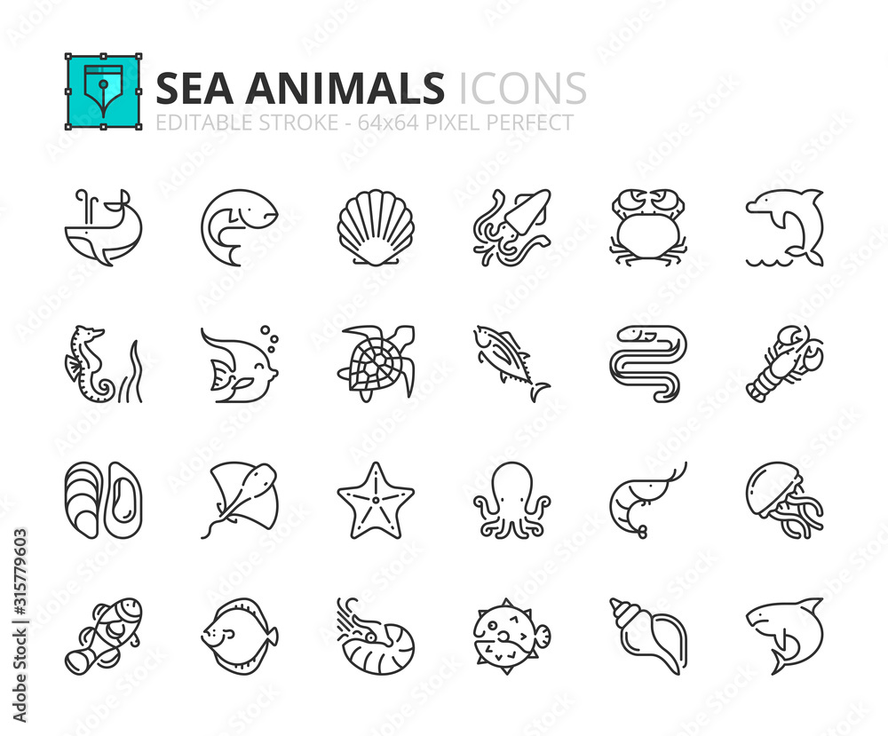 Simple set of outline icons about sea animals. Sea world.