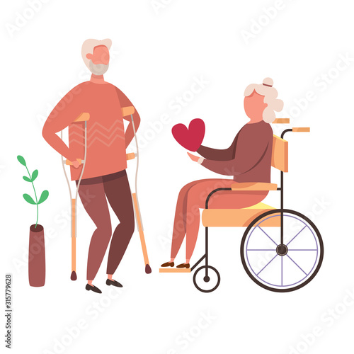 Concept of romantic relationships and marriage with handicapped old people. Loving senior couple of handicapped Grandfather and Grandmother. Human relations vector illustration