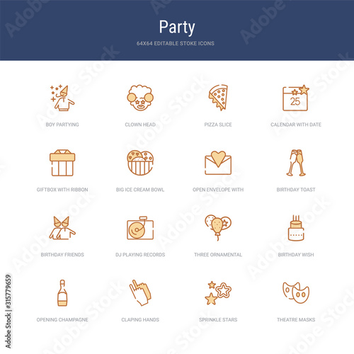 set of 16 vector stroke icons such as theatre masks, sprinkle stars, claping hands, opening champagne bottle, birthday wish, three ornamental balloons from party concept. can be used for web, logo,