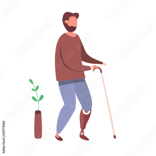 Modern vector illustration of Man with prosthetic leg. People with disabilities and healthy lifestyle concept. Handicapped man.