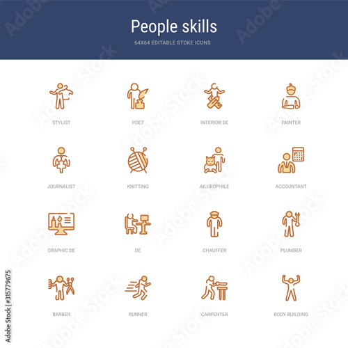 set of 16 vector stroke icons such as body building, carpenter, runner, barber, plumber, chauffer from people skills concept. can be used for web, logo, ui\u002fux