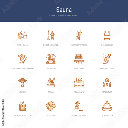 set of 16 vector stroke icons such as 2steam bath, adrenalin rush, air cooling, aroma stimulation, arterioles, asian bath from sauna concept. can be used for web, logo, ui\u002fux