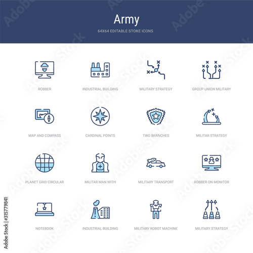 set of 16 vector stroke icons such as military strategy, military robot machine, industrial building, notebook, robber on monitor, military transport from army concept. can be used for web, logo,