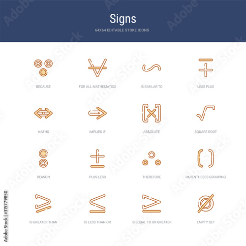 set of 16 vector stroke icons such as empty set, is equal to or greater than, is less than or equal to, is greater than or equal to, parentheses grouping, therefore from signs concept. can be used