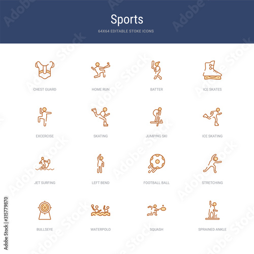 set of 16 vector stroke icons such as sprained ankle, squash, waterpolo, bullseye, stretching, football ball from sports concept. can be used for web, logo, ui\u002fux