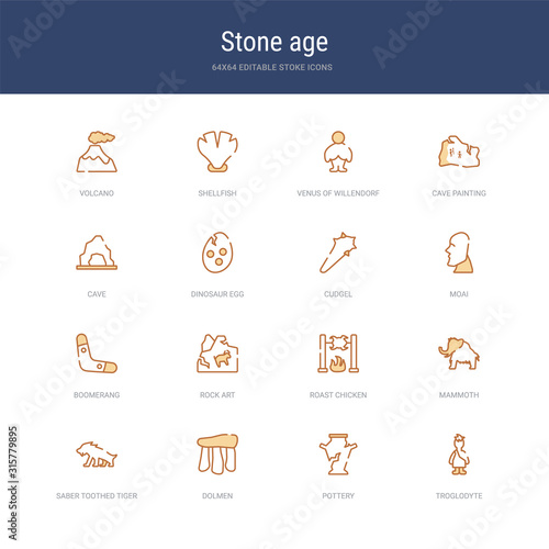 set of 16 vector stroke icons such as troglodyte, pottery, dolmen, saber toothed tiger, mammoth, roast chicken from stone age concept. can be used for web, logo, ui\u002fux