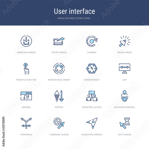 set of 16 vector stroke icons such as wait cursor, navigation arrows, forbidden cursor, crossroad, exchange personel, industrial action from user interface concept. can be used for web, logo, photo