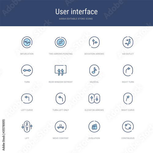 set of 16 vector stroke icons such as continuous, evolution, move content, lift, right curve, elevator arrows from user interface concept. can be used for web, logo, ui\u002fux