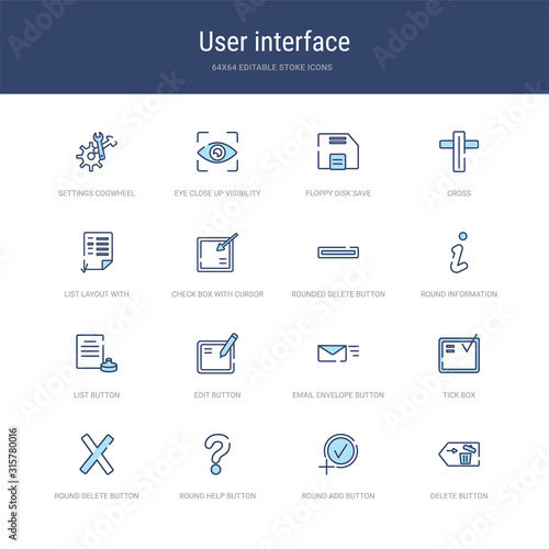 set of 16 vector stroke icons such as delete button, round add button, round help button, round delete tick box, email envelope from user interface concept. can be used for web, logo, ui\u002fux