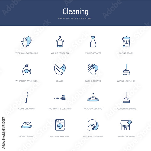 set of 16 vector stroke icons such as house cleaning, washing cleaning, washing machine cleaning, iron plunger hanger from concept. can be used for web, logo, ui\u002fux