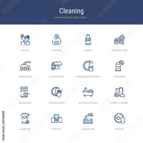set of 16 vector stroke icons such as sponges, garden hose, serviette, dumpster, carpet cleaning, bathtub cleaning from cleaning concept. can be used for web, logo, ui\u002fux