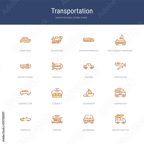 set of 16 vector stroke icons such as airport shuttle, automobile, caboose, cabriolet, camper car, catamaran from transportation concept. can be used for web, logo, ui\u002fux