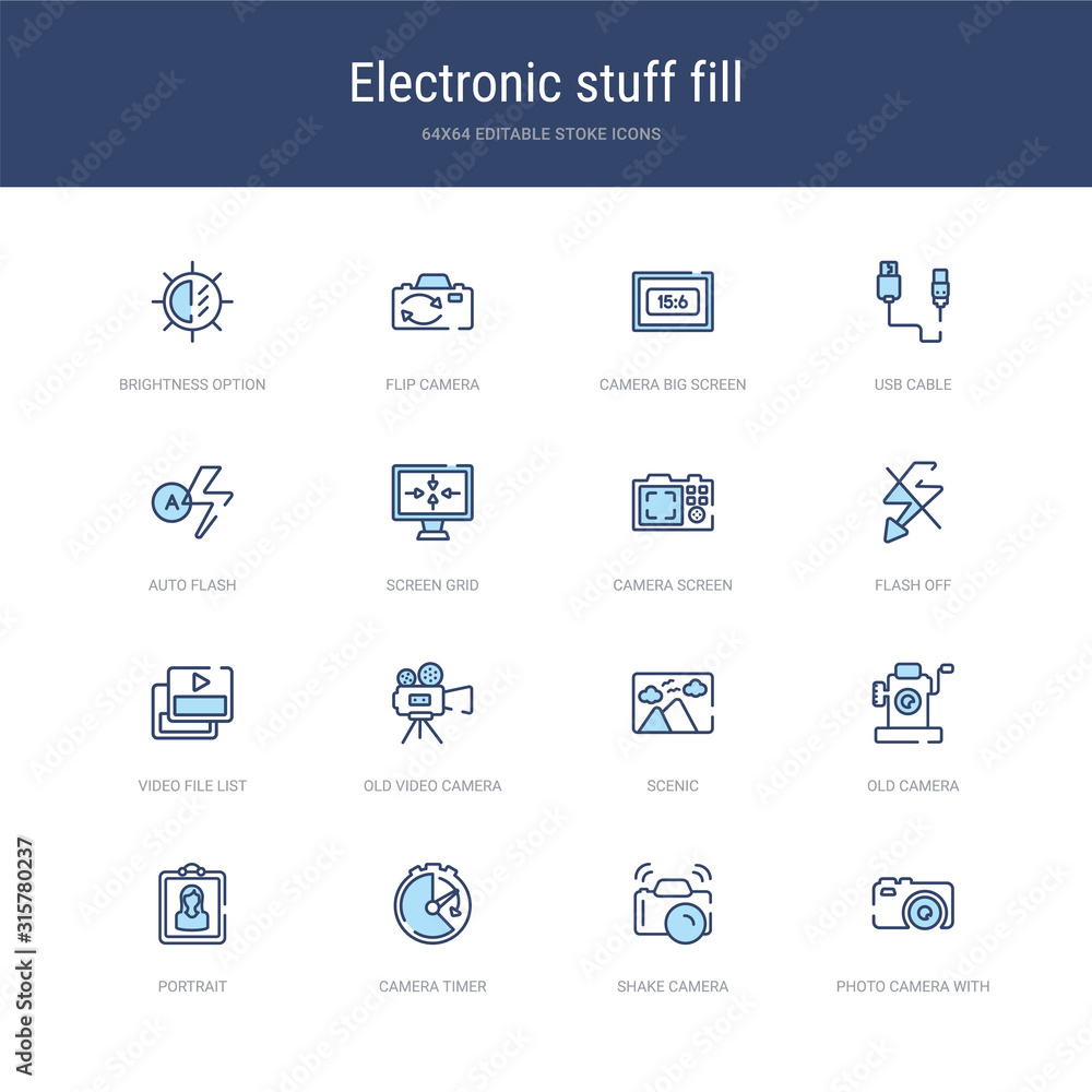 set of 16 vector stroke icons such as photo camera with flash, shake camera, camera timer, portrait, old scenic from electronic stuff fill concept. can be used for web, logo, ui\u002fux