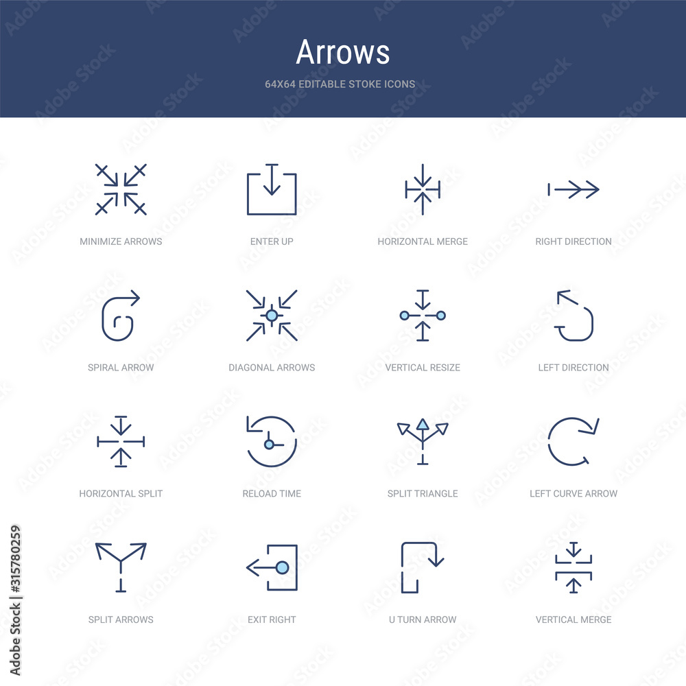 set of 16 vector stroke icons such as vertical merge, u turn arrow, exit right, split arrows, left curve arrow, split triangle from arrows concept. can be used for web, logo, ui\u002fux