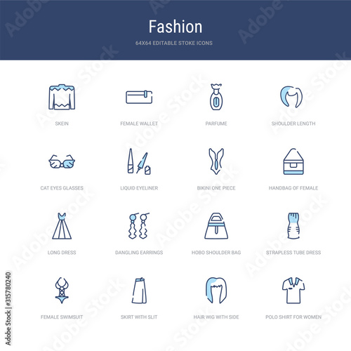 set of 16 vector stroke icons such as polo shirt for women, hair wig with side, skirt with slit and belt, female swimsuit, strapless tube dress, hobo shoulder bag from fashion concept. can be used