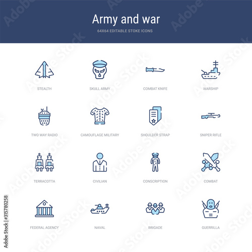 set of 16 vector stroke icons such as guerrilla, brigade, naval, federal agency, combat, conscription from army and war concept. can be used for web, logo, ui\u002fux