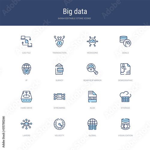 set of 16 vector stroke icons such as visualization, global, velocity, layers, storage, xlsx from big data concept. can be used for web, logo, ui\u002fux