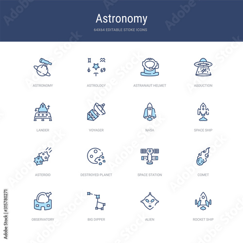 set of 16 vector stroke icons such as rocket ship, alien, big dipper, observatory, comet, space station from astronomy concept. can be used for web, logo, ui\u002fux