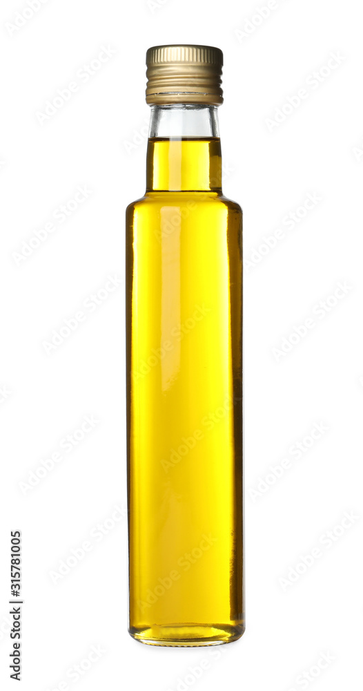 Cooking oil in glass bottle isolated on white Cooking oil in glass bottle isolated on white