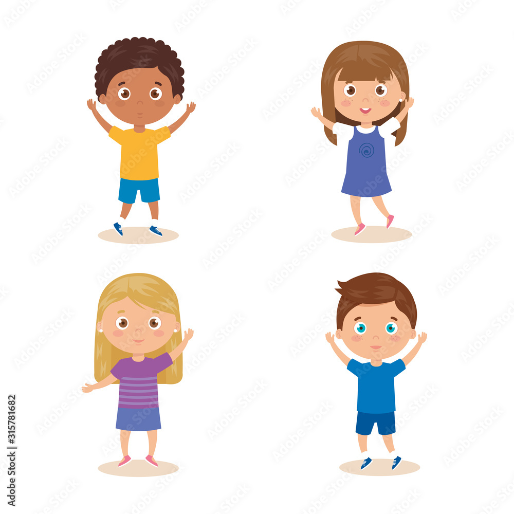 set of children standing on white background set of children standing on white background