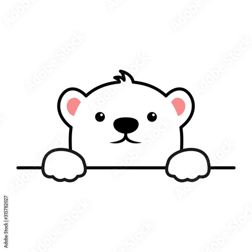 Cute polar bear paws up over wall, polar bear face cartoon icon, vector illustration