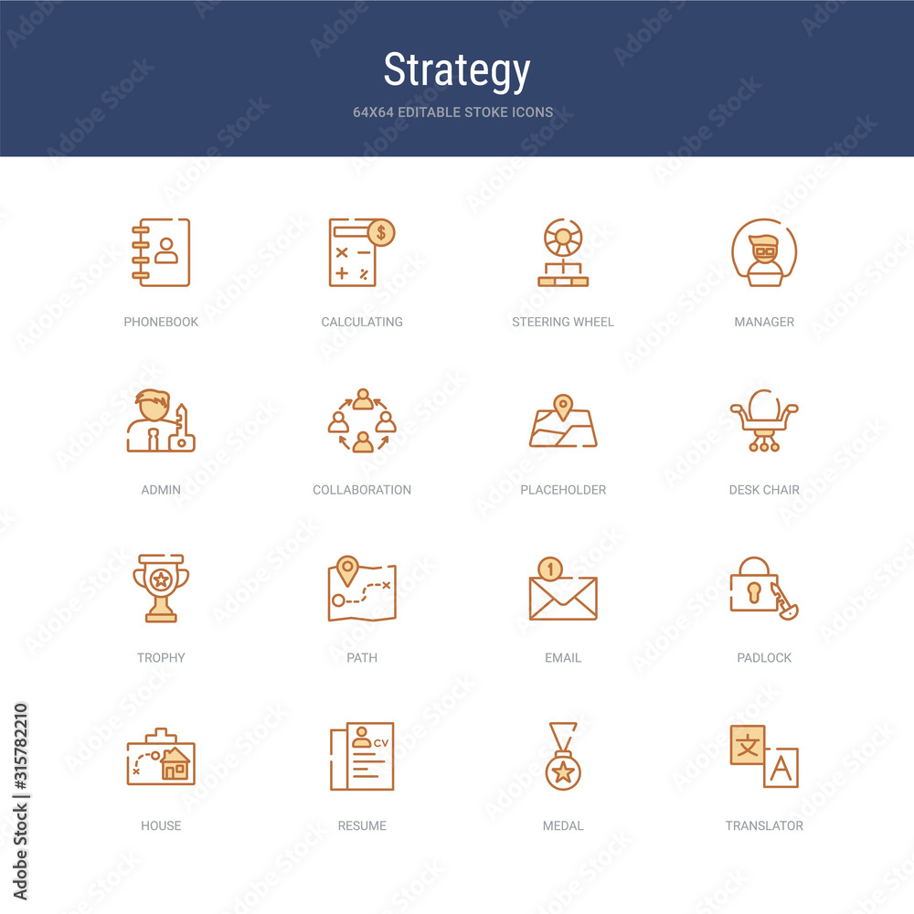 set of 16 vector stroke icons such as translator, medal, resume, house, padlock, email from strategy concept. can be used for web, logo, ui\u002fux