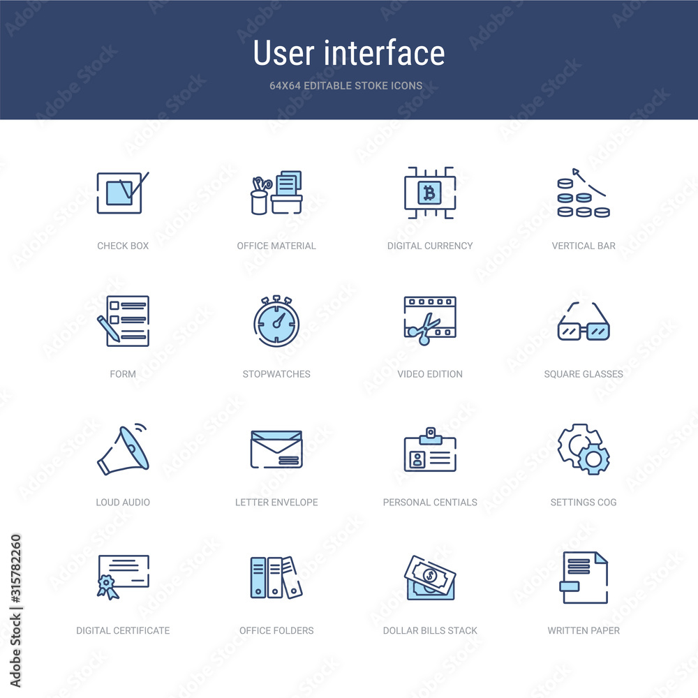set of 16 vector stroke icons such as written paper, dollar bills stack, office folders, digital certificate, settings cog, personal centials from user interface concept. can be used for web, logo,