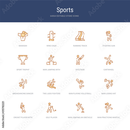 set of 16 vector stroke icons such as man practicing martial arts, man jumping an obstacle, golf player, cricket player with bat, man losing hat, playing volleyball from sports concept. can be used