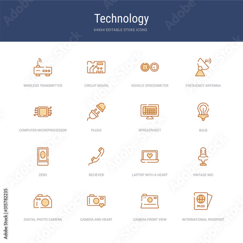 set of 16 vector stroke icons such as international passport, camera front view, camera and heart picture, digital photo camera, vintage mic, laptop with a heart from technology concept. can be used