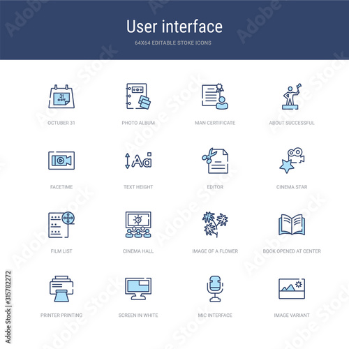 set of 16 vector stroke icons such as image variant, mic interface, screen in white, printer printing squares, book opened at center, image of a flower from user interface concept. can be used for