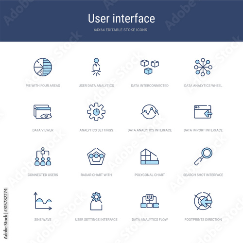 set of 16 vector stroke icons such as footprints direction sketch, data analytics flow chart, user settings interface, sine wave, search shot interface with a magnifier tool, polygonal chart of