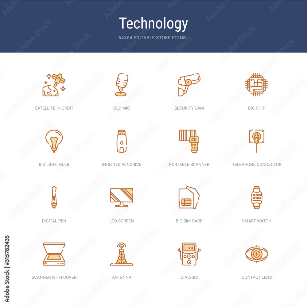 set of 16 vector stroke icons such as contact lens, dialysis, antenna, scanner with cover, smart watch, big sim card from technology concept. can be used for web, logo, ui\u002fux