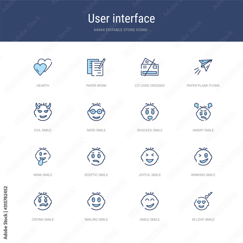 set of 16 vector stroke icons such as in love smile, smile smile, smiling crying winking joyful from user interface concept. can be used for web, logo, ui\u002fux